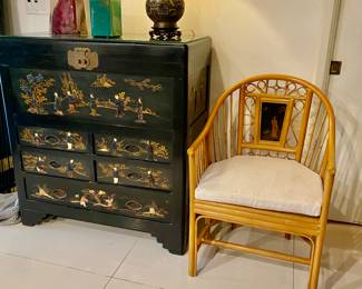 Maitland Smith armchair as is 
Tall Asian chest/trunck 
Large cloisonné lamp 