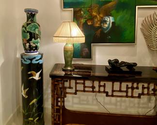 Large hand painted Asian stand 
Large Asian vase 
Antique lamp 
Cuban art 
Cuban sculpture 
Large bamboo console 