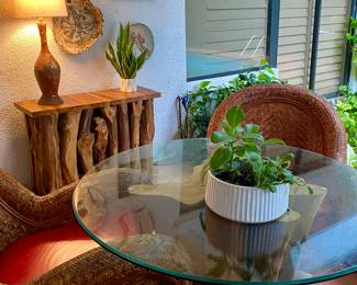 Rustic console table SOLD 
Rustic glass top dining table 
PB armchairs 4 in total 
Lamp MIDCENTURY 