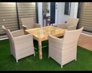 Burlwood table 
Chairs not available 