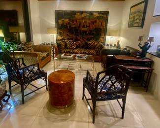 Bamboo armchairs 
Bamboo nesting tables 
Glass top gold bamboo coffee table 
6 panel Asian screen 
Manley butler lamp
Coffee table 
