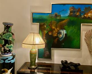 Cuban art 
Antique lamp
Asian vase 
Asian stand 