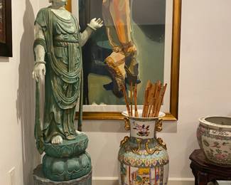 Large print PR artist 
Large wood Asian lady sculpture  pair 
Large Asian floor vase 