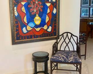 Large Cuban art 
Bamboo armchairs (3) in total 
Table not available 