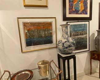 Large white and blue vase 
Table top stand 
Metal bamboo rolling bar cart 