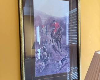 Framed equestrian hunt print, dark mat with gold frame