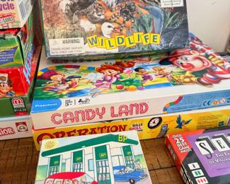Board games and puzzles, Candy Land, Operation, wildlife puzzle