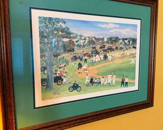 Framed folk art print, vintage baseball game scene