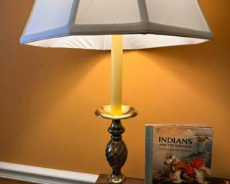 Brass candlestick table lamp with white shade