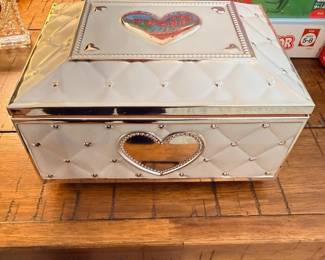 Silver heart jewelry box and Hedbanz board game