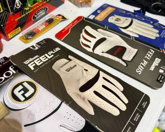 Golf accessories lot, FootJoy gloves, tees, divot tools