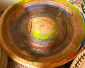 Handmade studio pottery bowl with colorful bands
