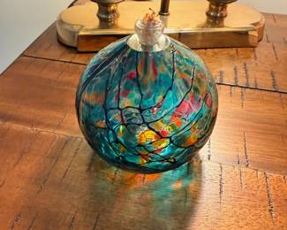 Art glass blown decorative ball, turquoise multicolor swirl