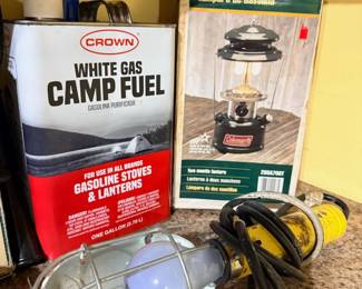 Coleman gas lantern, camp fuel, vintage glass lantern