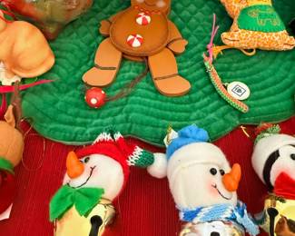 Gingerbread man decor, snowman figurines, crochet tree skirt