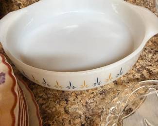 White ceramic casserole dish with floral pattern