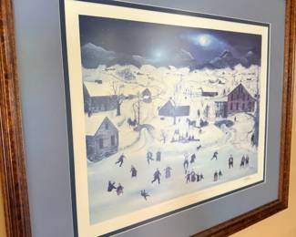 Framed folk art winter village scene print