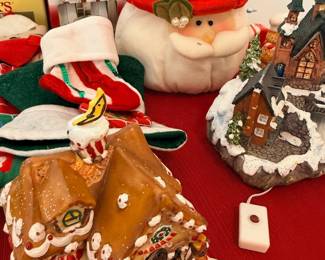 Santa cookie jar, gingerbread house, Christmas village pieces