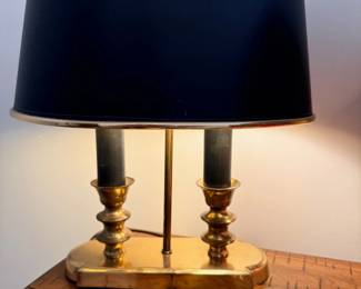 Brass double-column table lamp with navy shade