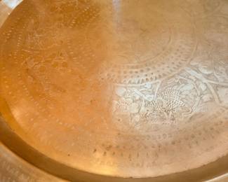 Large ornate etched brass tray table, Middle Eastern style