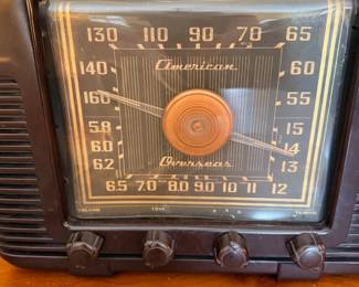 Vintage tube radio dial close-up, American and Overseas bands