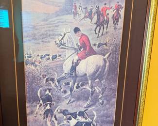 Framed English fox hunt scene print with horses and hounds
