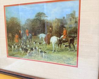 Framed English hunt scene print, horses and riders, close-up