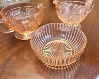 Pink depression glass collection, bowls and serving pieces