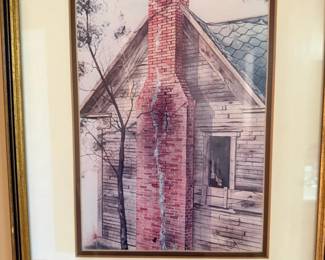 Framed watercolor print, rustic barn with brick chimney