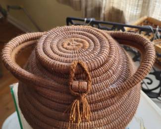 South African Zulu Vintage Coiled Woven Small Brown Lidded Basket 