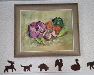  vintage still-life painting featuring a collection of vegetables, including red cabbage, bell peppers, and onions.