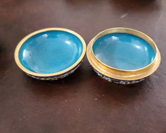 Vintage Trinket box Chinese Cloisonne Champleve blue interior bowl, round