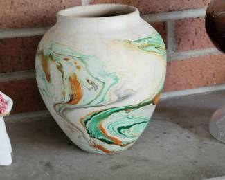 Vintage Nemadji Pottery Vase…Handmade Pottery. Clay. MCM. Swirled Vase. Retro Container. Orange. Green. Earth Tones. Mid Century Modern