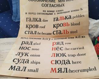 vintage educational folder containing phonetic tables for the Russian language, designed specifically for English speakers. 