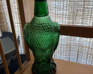  vintage green glass eagle decanter bottle with shot glass as the eagle's head. 