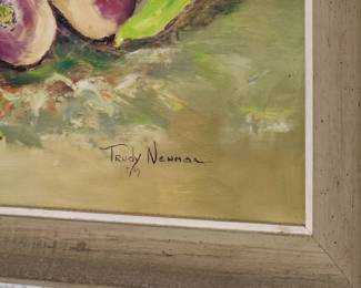 Still life Framed painting of vegetables signed Trudy Newman 3/67