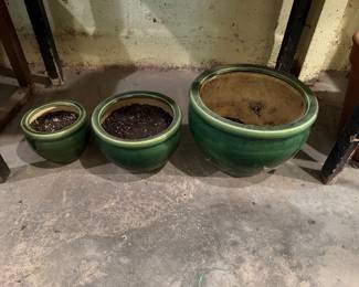  three green glazed terracotta pots