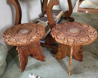 Vintage Intricate Hand Carved Teak Wooden Accent Table with Inlay from India