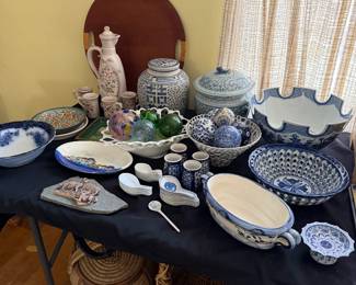 vintage pottery features various blue and white ceramics, including ginger jars, serving bowls, and decorative spheres