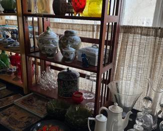 vintage ceramic soup tureen, vintage Oriental ginger jars,  &  Blenko Glass Art