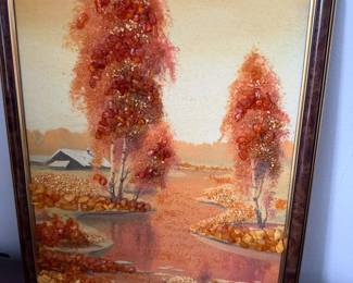 a vintage framed Baltic amber painting, often created in Lithuania, depicting a fall landscape scene. 