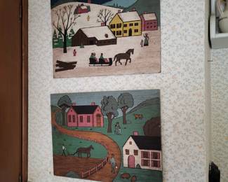 Vintage Folk Art Sleigh Ride Painting on Board  American Snow Horse Farm & Folk Art Painting, Vintage Farm Scene Painting on Wooden Board, Plowing 