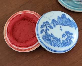 Chinese ink, a red ink in its porcelain container. Ideal to be used with Chinese stamp or seal.