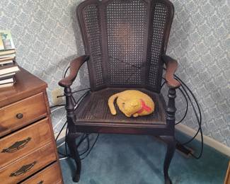 Caned Back Dark Wood Wing Chair