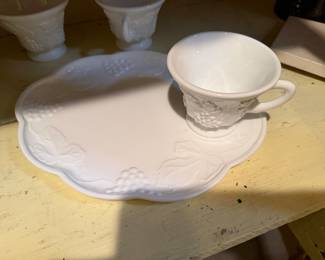 Colony Harvest Milk Glass Snack Set produced by the Indiana Glass Company. 