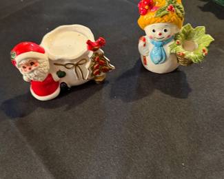 vintage ceramic Christmas collectibles, Santa Claus candy dish and a snowman candle holder