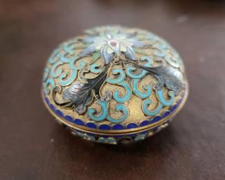 Vintage Trinket box Chinese Cloisonne Champleve blue interior bowl, round