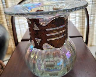 Silvestri Mouth Blown Iridescent Glass Metal Collar Vase
