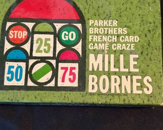 vintage 1962 edition of the Mille Bornes French card game produced by Parker Brothers. 