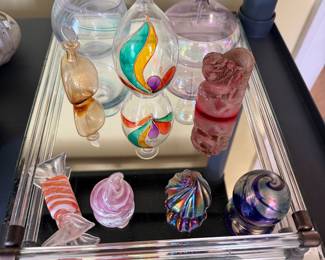  collection of modern, hand-blown art glass pieces, including several small bottles and decorative shapes. 
